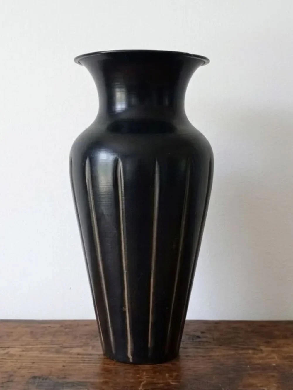 Ribbed Metal Vase Black Distressed Fluted Design 12.5